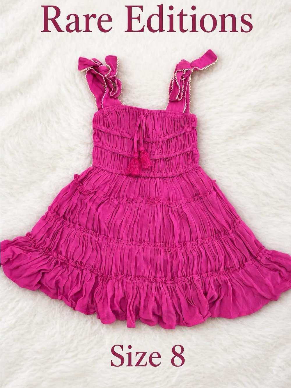 Rare Editions Fuchsia Ruffled Tiered Sundress with Tassel Ties Size 8